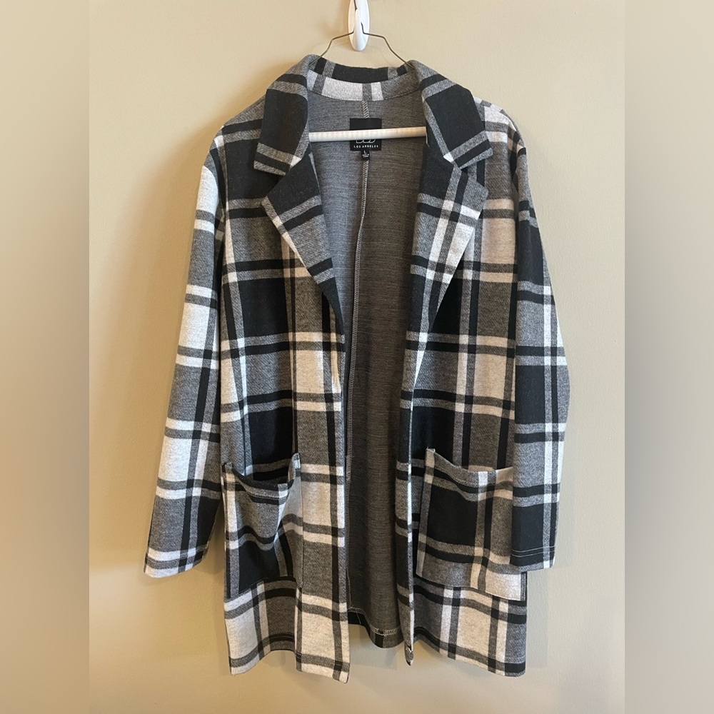 Plaid Open-Front Cardigan Coatigan - Black & Gray